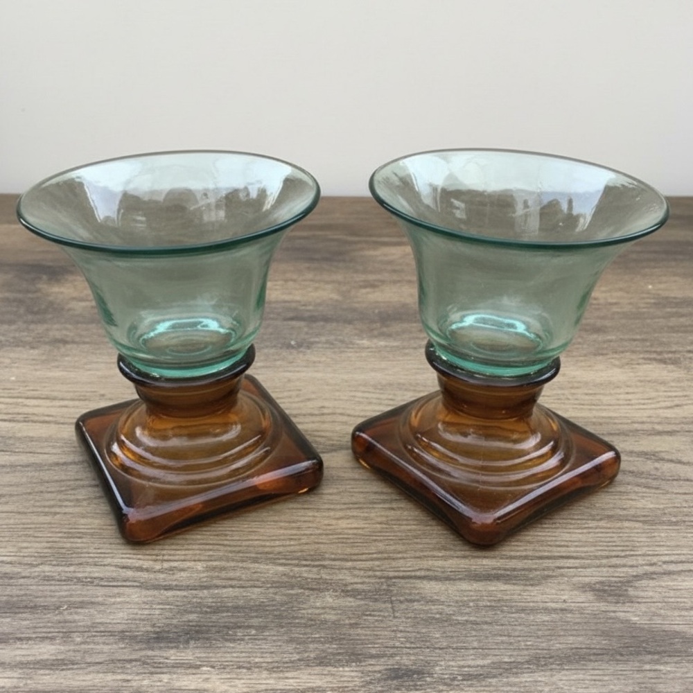 San Miguel Recycled Glass Hurricane Pedestal Candle Pair